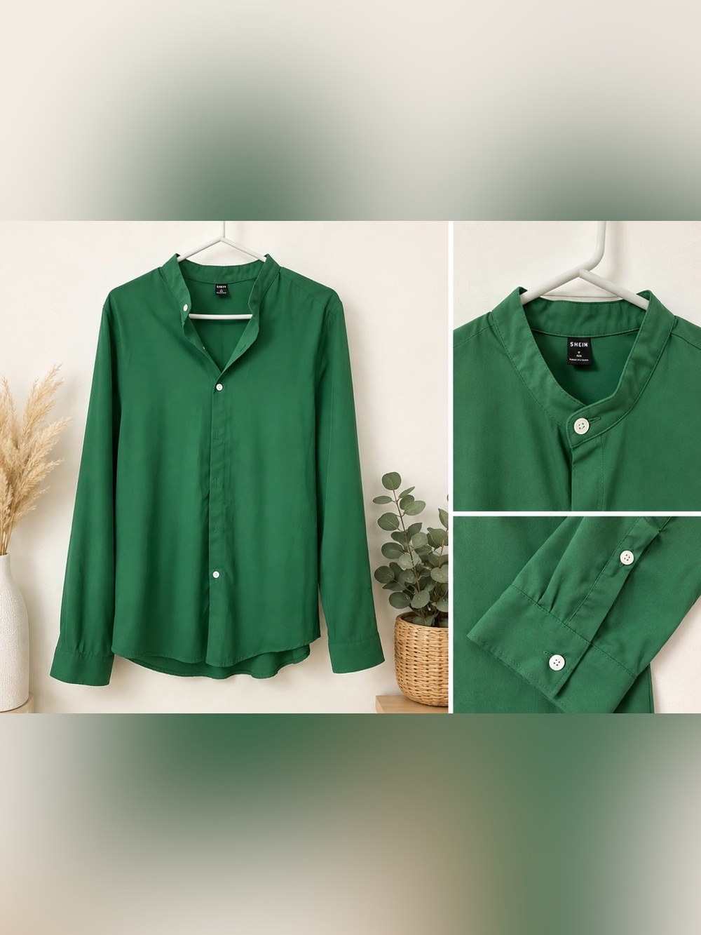 SHEIN Emerald Green Band-Collar Dress Shirt
